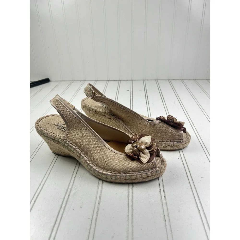 Aura Beige Linen Floral Espadrille Slingback Wedge Sandals Women's Size 40 9-10